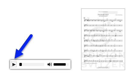 A picture of the play bar and an arrow pointed at the right-pointing triangle that starts the song playing.  This bar, and the picture of the sheet music to the far right of it, are both on the Edition Svitzer site for Morton's music book.